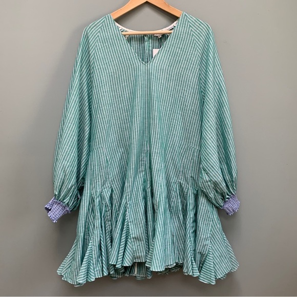 RHODE Olivia Striped Puff-Sleeve Linen Dress in Green Medium - Picture 4 of 10